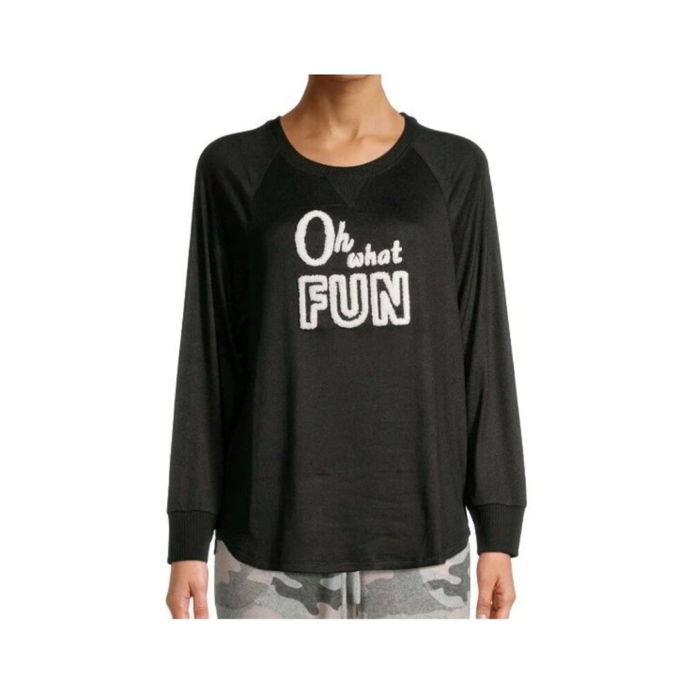 NWT Secret Treasures Women’s L Black Hacci Sleep Top Oh What‎ Fun Long Sleeve